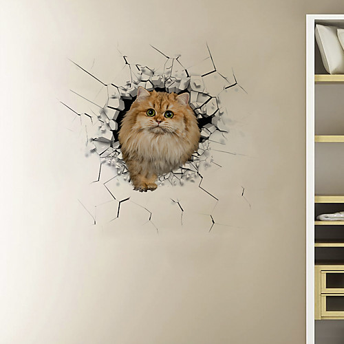 

3D Broken Wall Long Hair Cat Cartoon Home Children's Room Background Decoration Can Be Removed Stickers