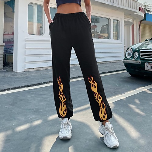 

Women's Basic Casual / Sporty Comfort Daily Weekend Jogger Pants Flame Ankle-Length Pocket Elastic Waist Print Black