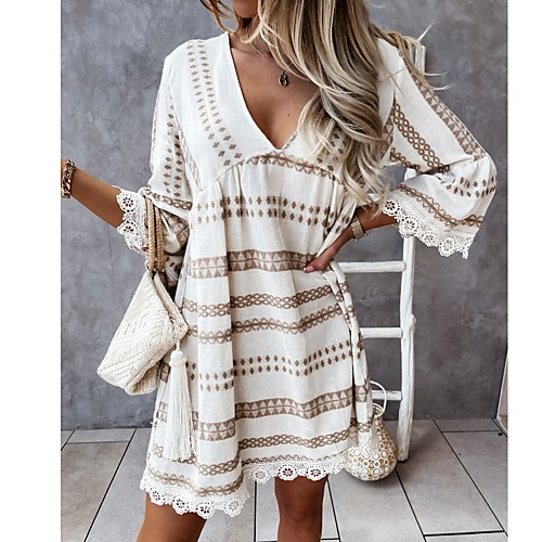 

Women's A Line Dress Short Mini Dress Black Apricot Half Sleeve Geometric Lace Print Spring Summer V Neck Casual / Daily Holiday 2021 S M L XL 2XL