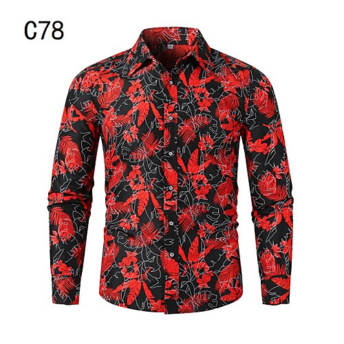 

Men's Shirt Other Prints Leaves Long Sleeve Casual Tops Chinoiserie Black / Red