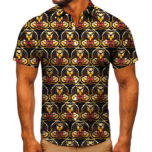 

Men's Shirt 3D Print Graphic Prints Lion Button-Down Short Sleeve Street Tops Casual Fashion Classic Breathable Yellow