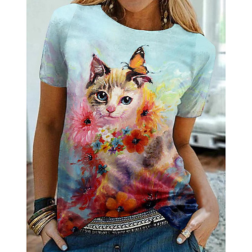 

Women's Floral Theme 3D Cat Painting T shirt Cat 3D Flower Print Round Neck Basic Tops Blue