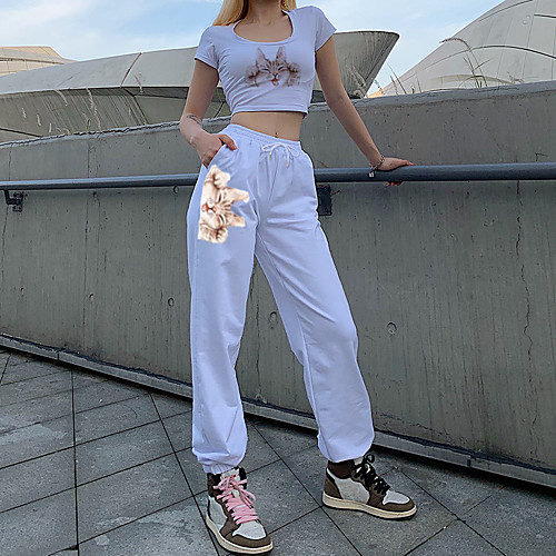 

Women's Fashion Casual / Sporty Comfort Fitness Weekend Sweatpants Pants 3D Print Cat Animal Full Length Pocket Elastic Drawstring Design Print Gray