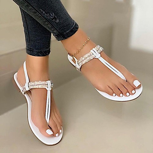 

Women's Sandals Boho Bohemia Beach Flat Heel Round Toe PU Solid Colored White Black Gold