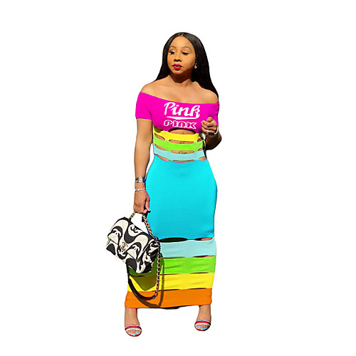 

Women's Sheath Dress Maxi long Dress RedBlue Purplered PinkBlue Short Sleeve Rainbow Stripes Summer Casual / Daily 2021 S M L XL XXL
