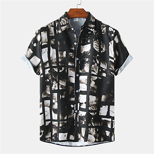 

Men's Shirt Color Block Button-Down Short Sleeve Casual Tops Casual Fashion Hawaiian Breathable Black