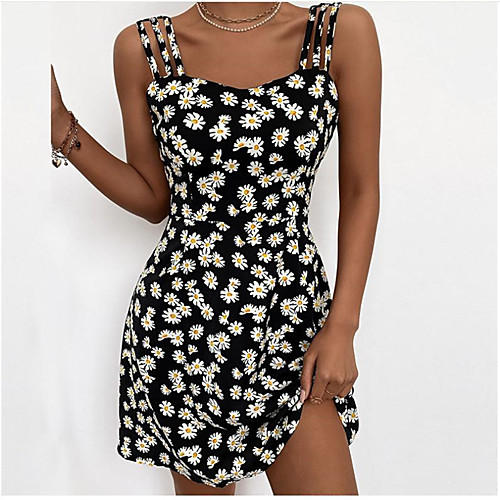 

Women's Strap Dress Short Mini Dress Purple Black Sleeveless Flower Summer Casual 2021 S M L XL 2XL 3XL