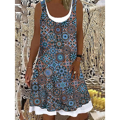 

Women's Shift Dress Knee Length Dress Blue Sleeveless Print Print Spring Summer Boat Neck Casual Holiday Loose 2021 S M L XL XXL 3XL