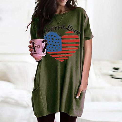 

Women's T shirt Dress Graphic Heart Flag Round Neck Tops Basic Basic Top Black Wine Army Green