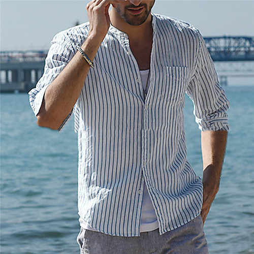 

Men's Shirt Striped Button-Down Half Sleeve Casual Tops Lightweight Casual Fashion Breathable Blue / Stand Collar