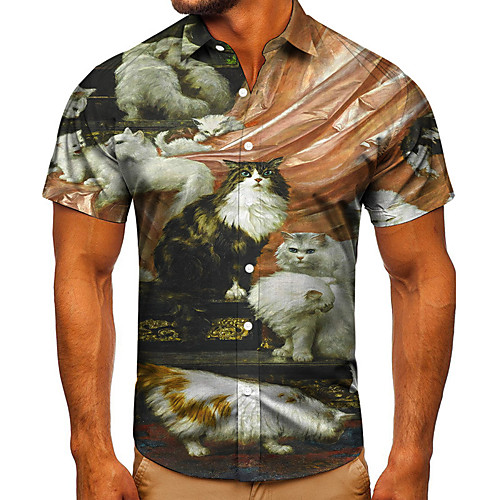 

Men's Shirt 3D Print Cat Graphic Prints Button-Down Short Sleeve Street Tops Casual Fashion Classic Breathable Gray