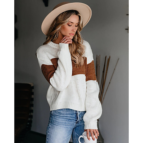 

2020 autumn and winter cross-border amazon new commuter ol plus size round neck inter-color striped loose knit sweater women