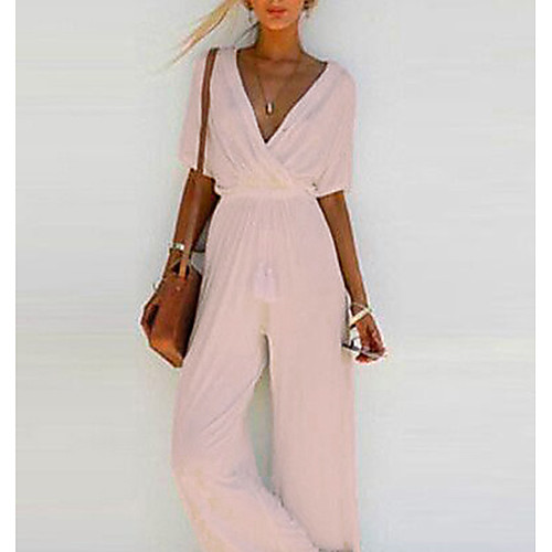 

Women's Basic Wide Leg White Black Blushing Pink Jumpsuit Solid Colored