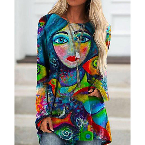 

Women's T Shirt Dress Tee Dress Short Mini Dress Blue Green Long Sleeve Print Color Block Fall Round Neck Casual Holiday Loose 2021 S M L XL XXL 3XL / Cotton / Cotton