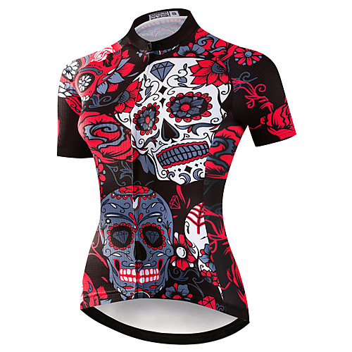 

21Grams Women's Short Sleeve Cycling Jersey Summer Spandex Polyester Black Sugar Skull Skull Floral Botanical Bike Jersey Top Mountain Bike MTB Road Bike Cycling Quick Dry Moisture Wicking Breathable