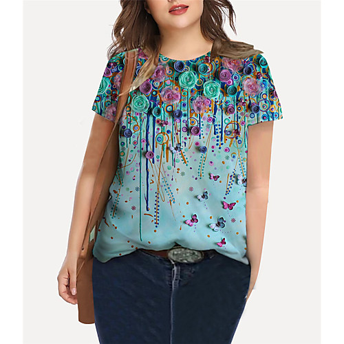 

Women's Plus Size Tops T shirt Floral Graphic Print Short Sleeve Crewneck Basic Green Big Size XL XXL 3XL 4XL 5XL / Holiday