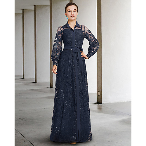 

A-Line Mother of the Bride Dress Elegant Jewel Neck Floor Length Chiffon Lace Long Sleeve with Pleats Appliques 2021