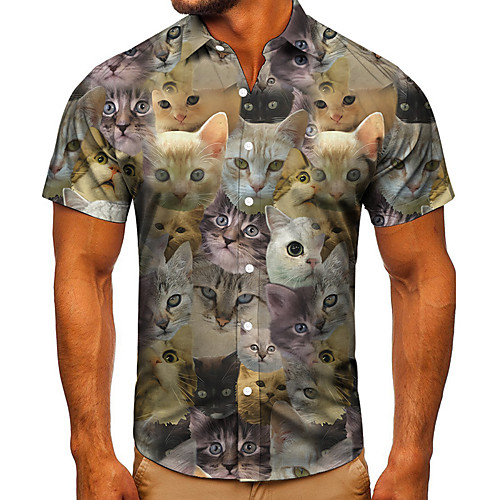 

Men's Shirt 3D Print Cat Graphic Prints Button-Down Short Sleeve Street Tops Casual Fashion Classic Breathable Brown