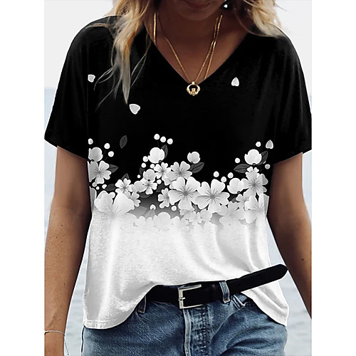 

Women's T shirt Floral Plants V Neck Tops Basic Basic Top White