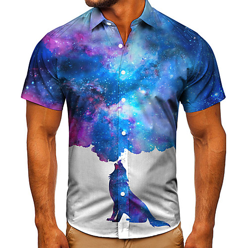 

Men's Shirt 3D Print Galaxy Graphic Prints Button-Down Short Sleeve Street Tops Casual Fashion Classic Breathable Blue