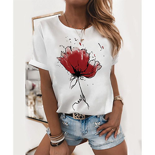 

Women's Floral Theme Butterfly T shirt Graphic Flower Print Round Neck Basic Tops Blue Red Yellow