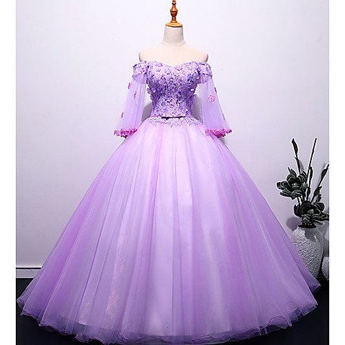 

Ball Gown Elegant Floral Quinceanera Prom Dress Off Shoulder Half Sleeve Floor Length Tulle with Appliques 2021
