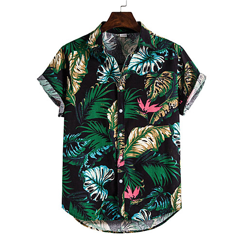 

Men's Shirt Palm Leaf Button-Down Short Sleeve Casual Tops Cotton Casual Fashion Hawaiian Breathable Black