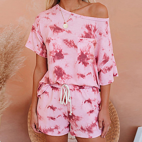 

Women's Basic Tie Dye Vacation Casual / Daily Two Piece Set Tracksuit T shirt Loungewear Biker Shorts Drawstring Print Tops
