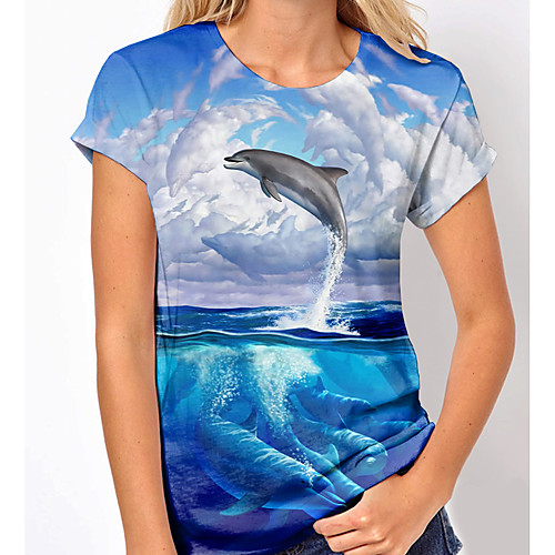 

Women's Holiday 3D Printed Painting T shirt Scenery Print Round Neck Basic Tops Blue