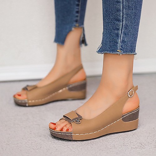 

Women's Sandals Wedge Sandals Wedge Heel Round Toe PU Solid Colored Brown Gray