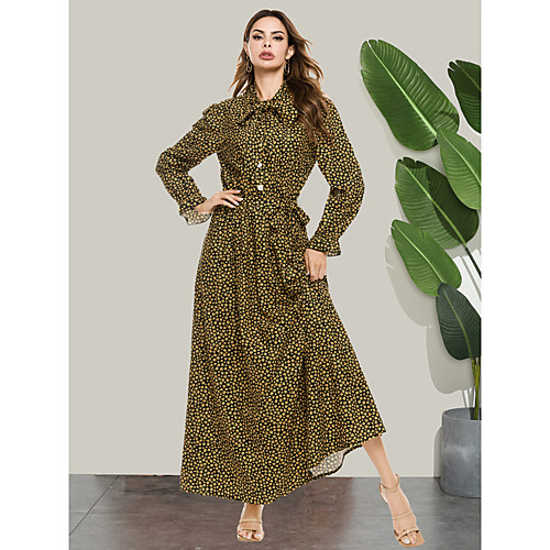 

Women's Swing Dress Maxi long Dress Yellow Long Sleeve Print Fall Spring Elegant & Luxurious 2021 M L XL XXL