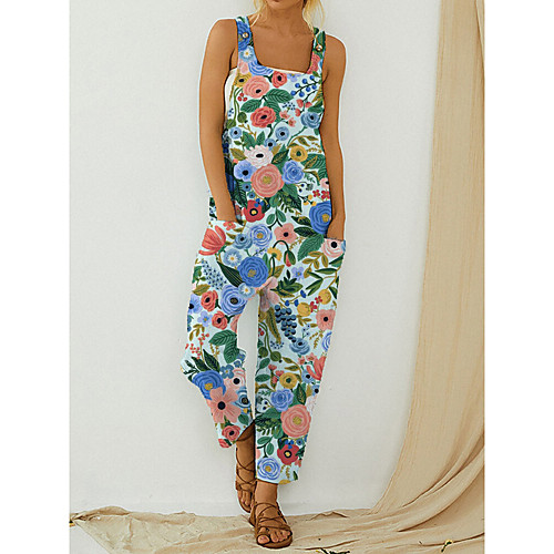 

Women's Ordinary Deep U Off Shoulder Rainbow Red Loose Jumpsuit Floral Print