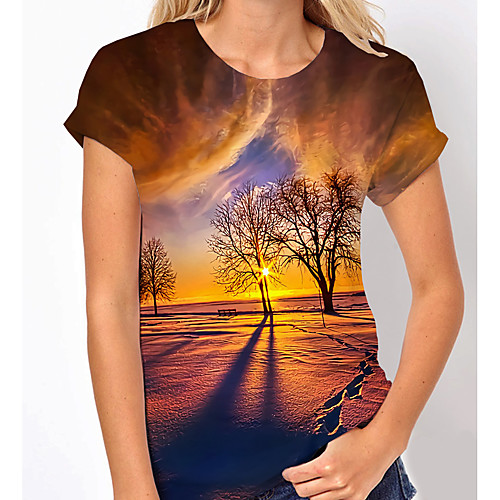 

Women's 3D Printed Painting T shirt Plants Scenery Print Round Neck Basic Tops Brown