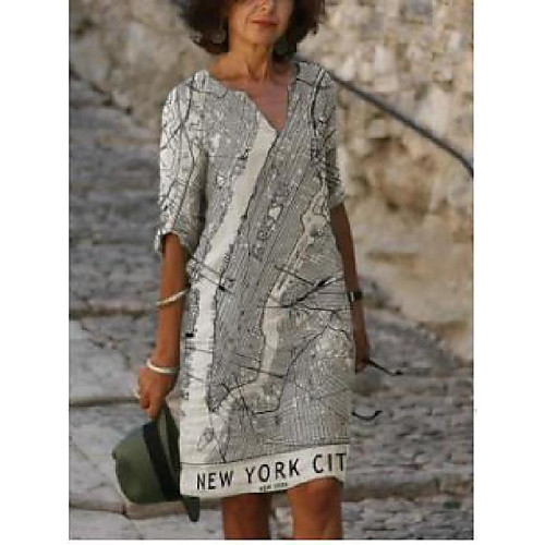 

Women's A Line Dress Knee Length Dress White leaves White map khaki Black Red 3/4 Length Sleeve Pattern Summer Casual 2021 S M L XL XXL XXXL