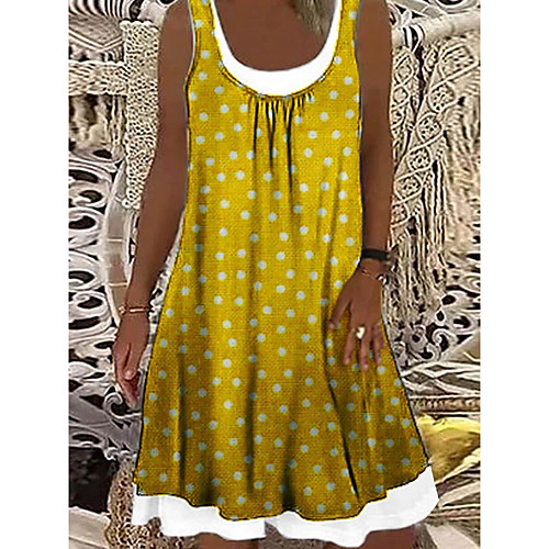 

Women's Shift Dress Knee Length Dress Yellow Sleeveless Polka Dot Print Spring Summer Boat Neck Casual Holiday Loose 2021 S M L XL XXL 3XL