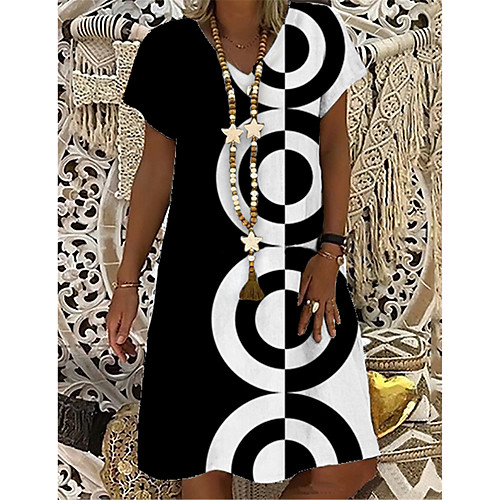 

Women's T Shirt Dress Tee Dress Knee Length Dress Black Short Sleeve Color Block Print Spring Summer V Neck Casual Holiday 2021 S M L XL XXL 3XL