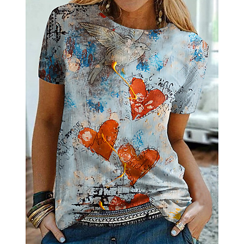 

Women's Abstract Painting T shirt Graphic Heart Print Round Neck Basic Tops Blue