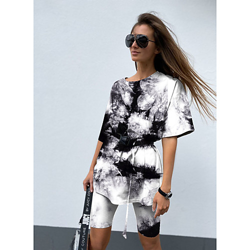 

Women's T Shirt Dress Tee Dress Knee Length Dress White flower Brown stripes Safflower Black and white tie dye Pure black tie-dye Chain pattern Short Sleeve Pattern Spring Summer Casual / Daily 2021