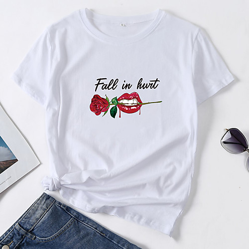 

Women's T shirt Floral Mouth Letter Print Round Neck Tops Cotton Basic Basic Top White Black Blue