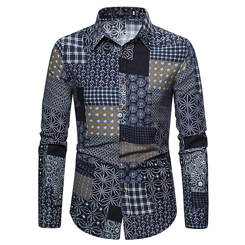 

Men's Shirt Other Prints Graphic Long Sleeve Casual Tops Ethnic Style Blue