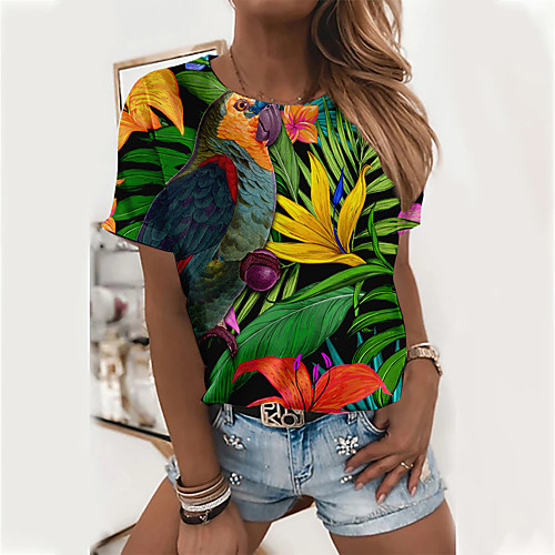 

Women's Floral Theme T shirt Plants Leaf Flower Print Round Neck Basic Tops Blue Army Green Green