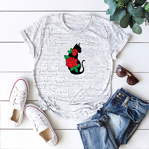 

Women's T shirt Cat Flower Letter Print Round Neck Tops Cotton Basic Basic Top White Blue Red