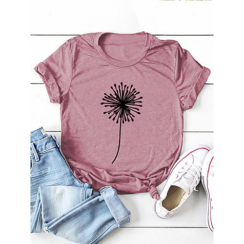 

Women's Floral Theme T shirt Dandelion Letter Print Round Neck Basic Tops Cotton Purple Yellow Light gray