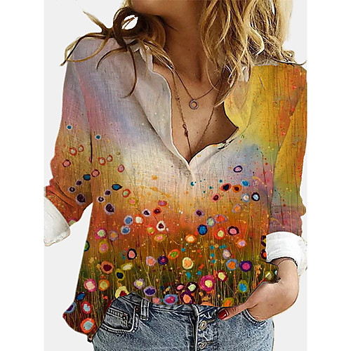 

Women's Blouse Shirt Floral Long Sleeve Print Shirt Collar Chinoiserie Tops Purple Yellow