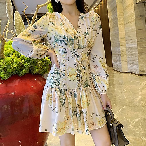 

A-Line Floral Boho Holiday Homecoming Dress V Neck Long Sleeve Short / Mini Jersey with Pattern / Print 2021
