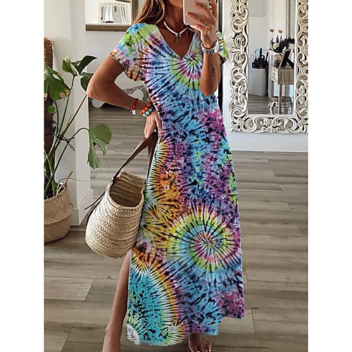 

Women's Swing Dress Maxi long Dress Blue Rainbow Short Sleeve Tie Dye Split Print Spring Summer V Neck Colorful Casual 2021 S M L XL
