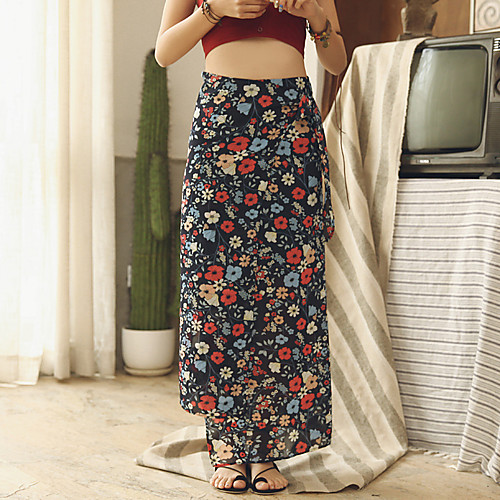 

Women's Holiday Weekend Streetwear Boho Skirts Floral / Botanical Layered Print Navy Blue