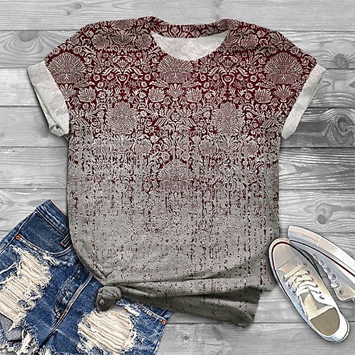

Women's Plus Size Tops T shirt Color Gradient Graphic Print Short Sleeve Crewneck Basic Red Big Size XL XXL 3XL 4XL 5XL / Loose