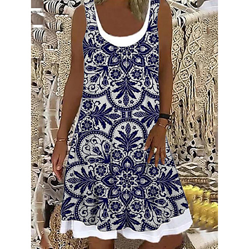 

Women's Shift Dress Knee Length Dress Blue Sleeveless Floral Print Spring Summer Boat Neck Casual Holiday 2021 S M L XL XXL 3XL