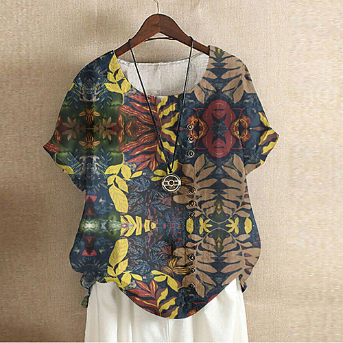 

Women's Plus Size Tops T shirt Print Flower / Floral Short Sleeve Round Neck Casual / Daily Spring Summer Black and white grid Orange flower Yellow flower Big Size L XL XXL